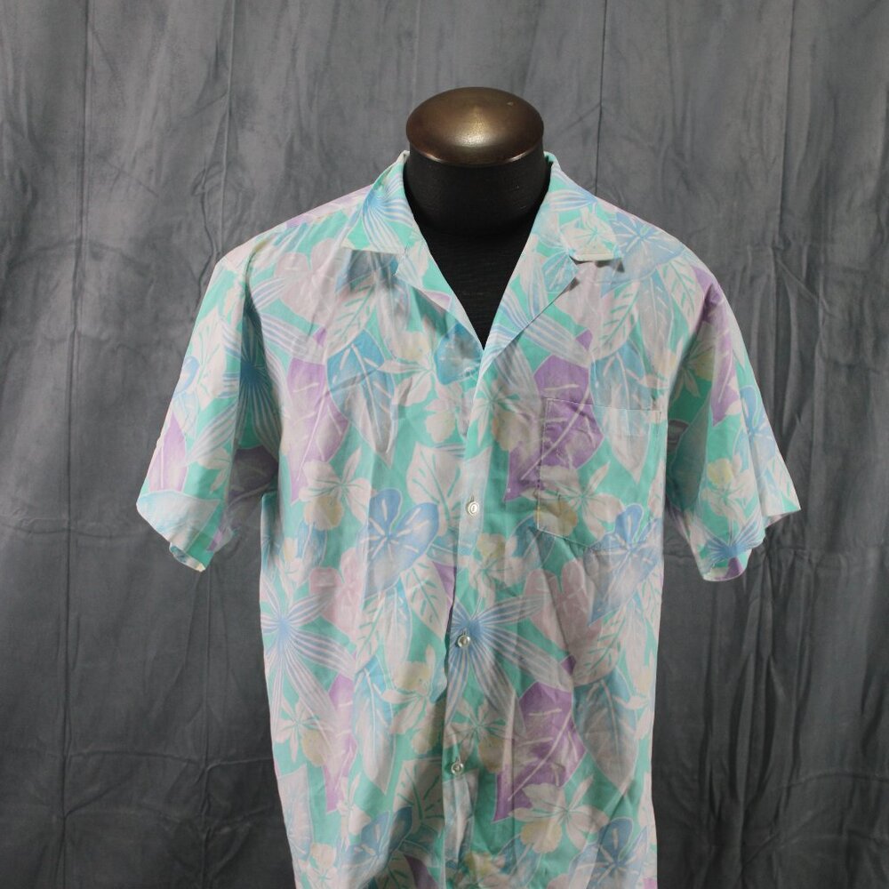 Vintage Hawaiian Shirt - Mint Green Multi-Colour Leaf Pattern - Men's XL